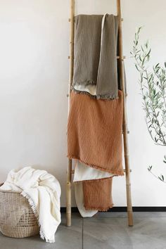 a towel rack with two towels hanging from it's sides next to a plant