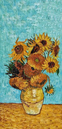 a painting of sunflowers in a vase on a table