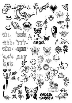 a bunch of tattoos that are drawn in black ink on white paper with the words angel and