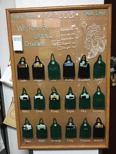 a bulletin board with many bags on it