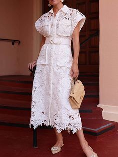 Women Plain Summer Elegant Lightweight No Elasticity Daily Short Sleeve H-Line Shirt Collar Dresses Lace Dress Outfit Ideas, College Clothing, Lace Front Dress, Design Outfit, Dress Name, Lace Summer Dresses, Lace Trim Dress, Short Sleeve Maxi Dresses, Short Lace Dress