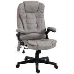 a grey office chair with wheels and arms on a white background, the back is up