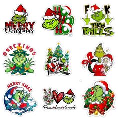 various christmas stickers are shown on a white background, including the grin's