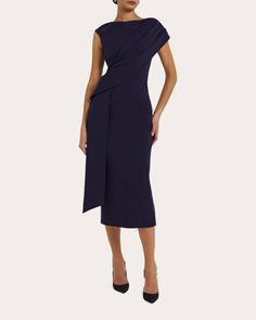 Safiyaa Regina Drape Midi Dress | OLIVELA Lawyer Dress, Corporate Dresses, Corporate Gowns, Corporate Dress, Drape Top, Sleeve Silhouette, Draped Midi Dresses, Office Dresses For Women, Everyday Fashion Outfits