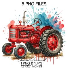 an old red farmall tractor painted in watercolor