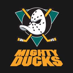 the mighty ducks logo on a black background with hockey sticks and an ice hockey mask