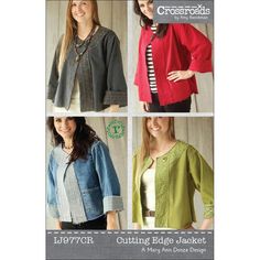 four different styles of jackets with buttons on the front and back, in three different colors