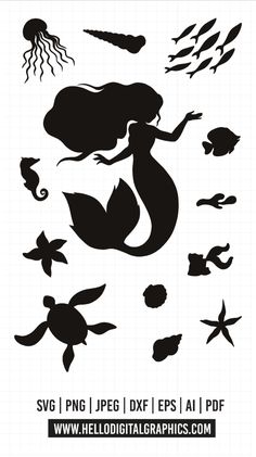 the silhouettes of mermaids and sea animals