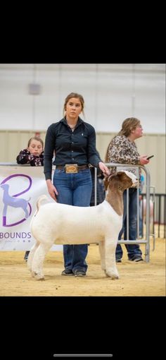 a woman standing next to a white dog on top of a dirt field with people watching