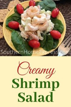 this creamy shrimp salad is loaded with fresh spinach and tomatoes