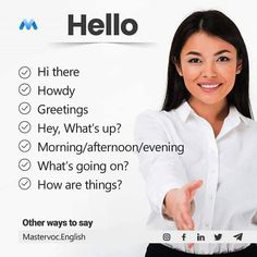 a woman is pointing at the screen with her hand in front of her, which says hello