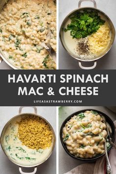 different types of macaroni and cheese in pans with the words havarti spinach mac & cheese