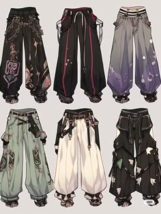 four different types of pants with chains on the bottom and side, all in different colors