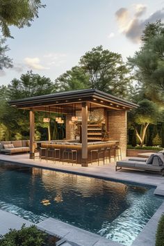 an outdoor bar next to a swimming pool