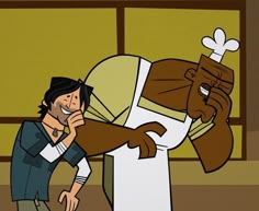 an animated image of a man standing in front of a cartoon character holding his hand to his mouth