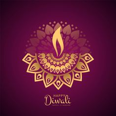 happy diwali greeting card with gold and purple floral design on dark purple background