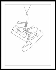 a black and white drawing of nike shoes hanging on a string with the shoe laces down