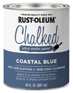 a can of rust - oleum chalked coastal blue paint on a white background