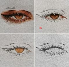 four different views of an eye with long lashes and brown eyeshade, one showing the