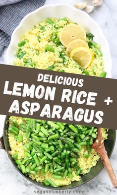 lemon rice and asparagus in a skillet with the words delicious lemon rice and asparagus