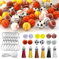 many different types of sports balls and tassels on a white background with additional attachments