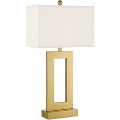 a gold table lamp with a white shade on the base and a square shaped light fixture