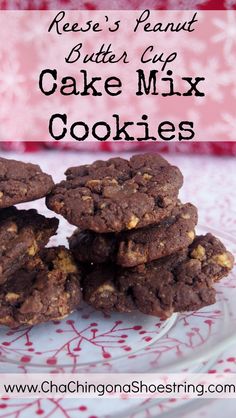 chocolate peanut butter cup cake mix cookies on a white plate with red and pink background