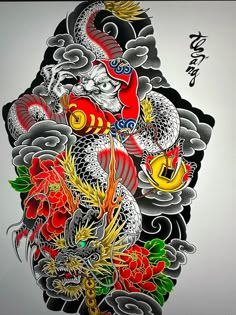 Traditional Japanese Dragon Tattoo, Traditional Tattoo Dragon, Dragon Koi Tattoo Design, Dragon Tattoo Stencil, Foo Dog Tattoo Design, Dragon Tattoo Chest, Koi Tattoo Sleeve, Japanese Back Tattoo, Colored Tattoo Design