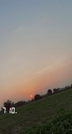 the sun is setting over a grassy field with trees in the foreground and an airplane flying overhead