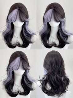 Black And Pastel Hair, Haircolor Ideas 2020, Aesthetic Hair Highlights, Purple And Black Hair Ideas, Casino Hairstyles, Oc Hairstyles Ideas, Moon Haircut, Wig Aesthetics, Black Hair Designs