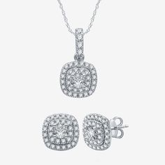 Features: Certified DiamondsDiamond Clarity: Si2-Si3Earring Back: PostJewelry Closure: Spring Ring ClaspShape: CushionStone Cut: RoundDiamond Color: GMetal Color: WhiteChain Length: 18 InchEarring Length: 13.3mmEarring Width: 7mmPendant Length: 13.3mmPendant Width: 7mmRounded Carat Weight: 2 Ct. T.w.Chain Construction: BoxCare: Wipe CleanStone Type: 103 Lab Grown DiamondAuthenticity: Lab Grown DiamondBirthstone: April BirthstoneMetal: 10k White GoldNecklace Type: Multi-Diamond Necklaces, Halo Ne Gold Cushions, Earrings Stud, Watches Jewelry, Spring Rings, White Diamond, Jewellery And Watches, Lab Grown, Necklace Set, Jewelry Set