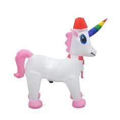 an inflatable unicorn toy with a rainbow horn