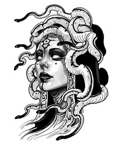 a drawing of a woman's face with horns and curls on her head, in black and white