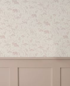 the wall paper has animals on it and is white with pink, gray or green