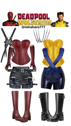 the costume for deadpool wolverine cosplay is shown in different colors and sizes