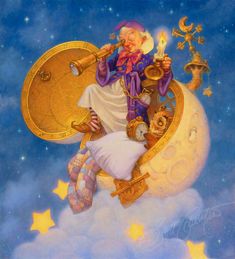 a painting of a woman sitting on the moon holding a candle and looking at stars