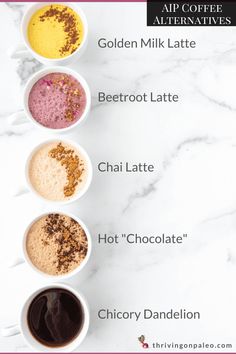 four different types of powders in bowls on a marble counter top with text overlay