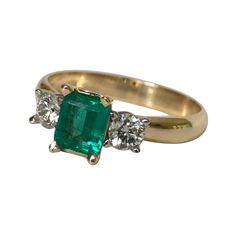 18K yellow gold natural Emerald and Diamond Engagement Ring 3 Stone emerald cut emerald. Total Emerald weight is 0.51 carats, high clarity, rich green color, excellent brightness from Colombia. Total Diamond weight is 0.38 carats, round brilliant cut VS2-SI1 Color G Total Weight of ring is approximately 3.52 grams. 18K yellow gold and diamonds set in white gold. size 7.25 Condition; Excellent Three Stone Ring Settings, Emerald Ring Vintage, Contemporary Engagement Rings, Emerald Ring Gold, White Gold Diamond Engagement Ring, Modern Engagement Rings, Diamond Jewelry Designs, Colombian Emeralds, Three Stone Engagement