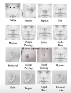 the different types of nose piercings are shown in black and white, including an earring