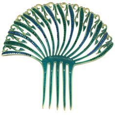 Elaborate Art Deco French openwork celluloid comb with green and blue pastes from the 1930's. Amazing colorations. France 1930's. Excellent condition. 7.5" x 7". French Comb, Art Deco Hair, Vintage Hair Clips, Bright Red Hair, Vintage Hair Combs, Hair Comb Accessories, Green Accessories, Vintage Hair Accessories, Hair Adornments