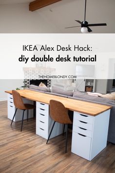 In this post I am sharing how we built our DIY double desk using the IKEA Alex drawers. This IKEA Alex desk hack is such an easy way to create your own double desk! Double Desk Kids Room Homework Station, Three Desk Office Layout, Ikea 2 Person Desk Hack, Ikea Study Desk, Ikea Alex Desk Hack, Butcher Block Desk Top, Mudroom Office