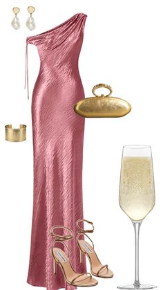 Pink long dress, gold heels, gold bag, gold big bracelets Gold Slip Dress, Date Night Outfit Classy, Big Bracelets, Creative Outfits, Pink Long Dress, Fashion Terms, Heels Gold, Gold Bag, Autumn Clothes