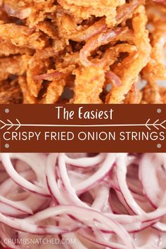 crispy fried onion strings on a plate with text overlay