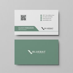 a business card with a green and white color scheme on the front and back side