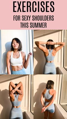 the woman is doing exercises for her body and shoulders in this summertime photo shoot