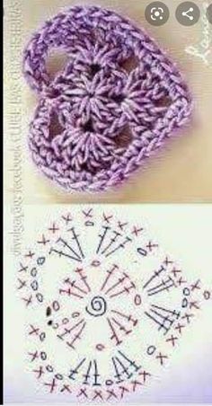 crochet patterns are shown in three different colors and sizes, including one with an arrow