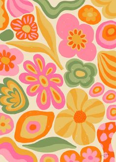 an orange, pink and green flower pattern on a white background