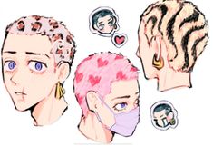 a drawing of two people with different facial expressions on their faces, one is wearing a face mask and the other has pink hair