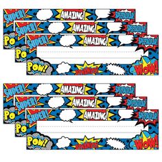 three comic bookmarks with the words amazing power pop written on them, and an image of