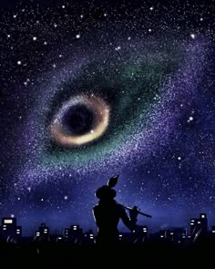 a man is looking at the stars in the night sky with a telescope on his shoulder